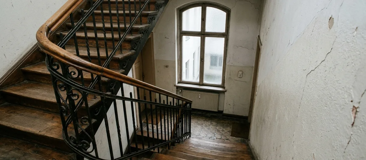 Blick von oben in ein Berliner Altbautreppenhaus mit geschwungenem Geländer und hohem Fenster