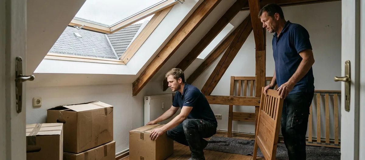 Dachgeschossraum unter der Schräge mit freiliegenden Balken, Dachfenster und gestapelten Kartons, zwei Träger dabei