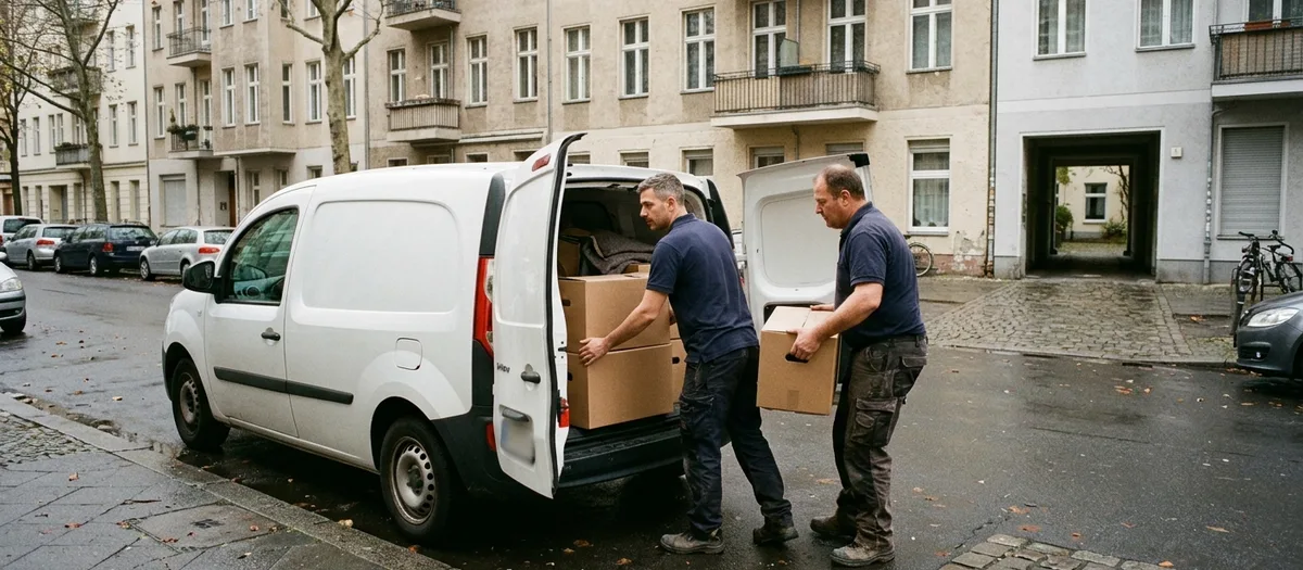 Zwei Träger laden Kartons in einen kleinen Transporter mit geöffneten Hecktüren an einer nassen Berliner Straße