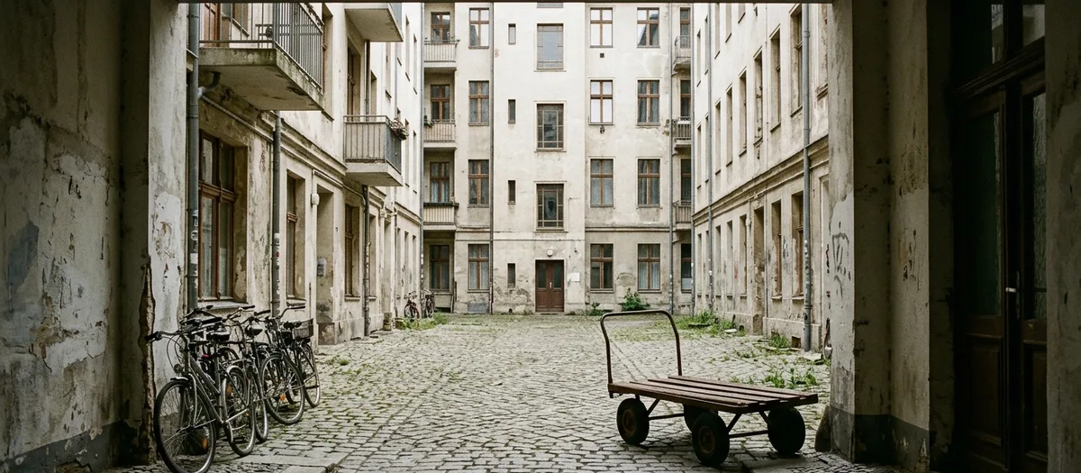 Zweiter Berliner Hinterhof mit umlaufender Bebauung, abgestellten Fahrrädern und einem Rollwagen auf dem Pflaster