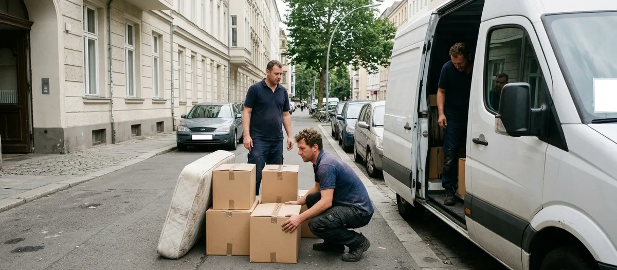 Matratze und gestapelte Kartons auf dem Gehweg neben der offenen Schiebetür eines Transporters