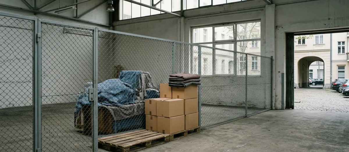 Lagerbox hinter einer Gittertrennwand mit Palette, in Decken gehüllten Möbeln und gestapelten Kartons