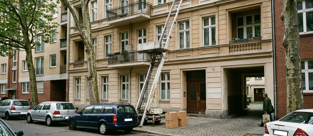 Möbellift an einer Berliner Altbaufassade, die Leiter reicht bis zum vierten Stock, davor parkende Autos