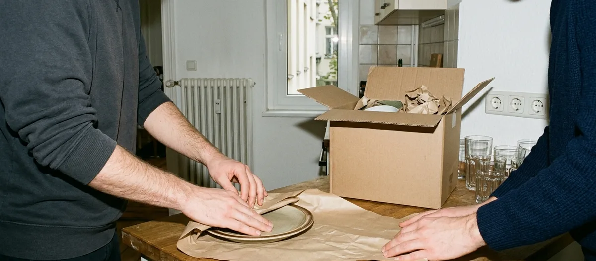 Hände wickeln einen Teller in Packpapier, daneben ein offener Karton und Gläser auf der Arbeitsplatte