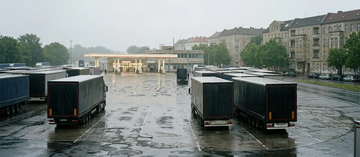 Lkw-Stellplatz an einem grauen Regenmorgen mit Reihen abgestellter Anhänger und nassem Asphalt