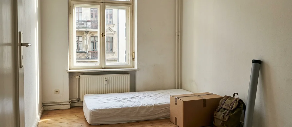 Kleines Zimmer mit nackter Matratze, einem Karton, einer Posterrolle und einem Rucksack