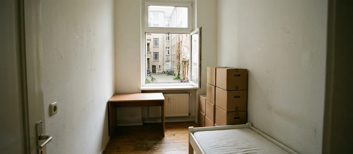 Einzelzimmer einer Wohngemeinschaft beim Auszug mit abgezogenem Bett, Schreibtisch und gestapelten Kartons