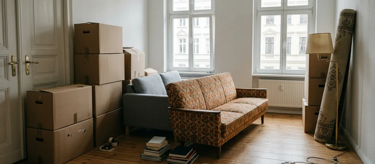 Vollgestelltes Wohnzimmer beim Zusammenziehen mit zwei verschiedenen Sofas, Kartonstapeln und einem aufgerollten Teppich