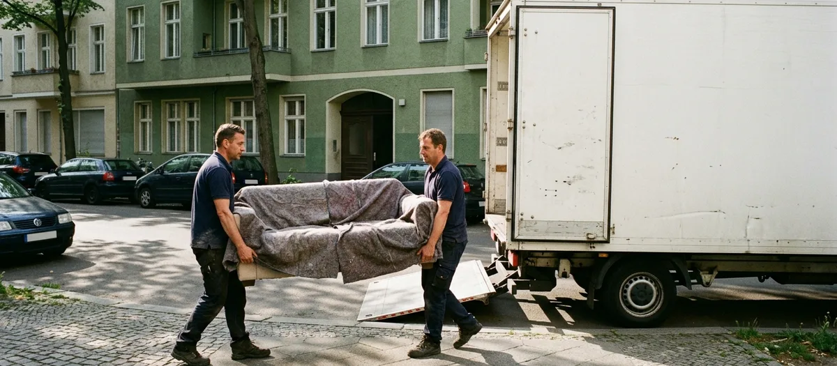 Zwei Träger schieben eine in Decken geschlagene Kommode über die Ladebordwand in den Möbelwagen